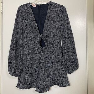 SHOWPO Navy floral long sleeve tie front mini romper dress size 6
